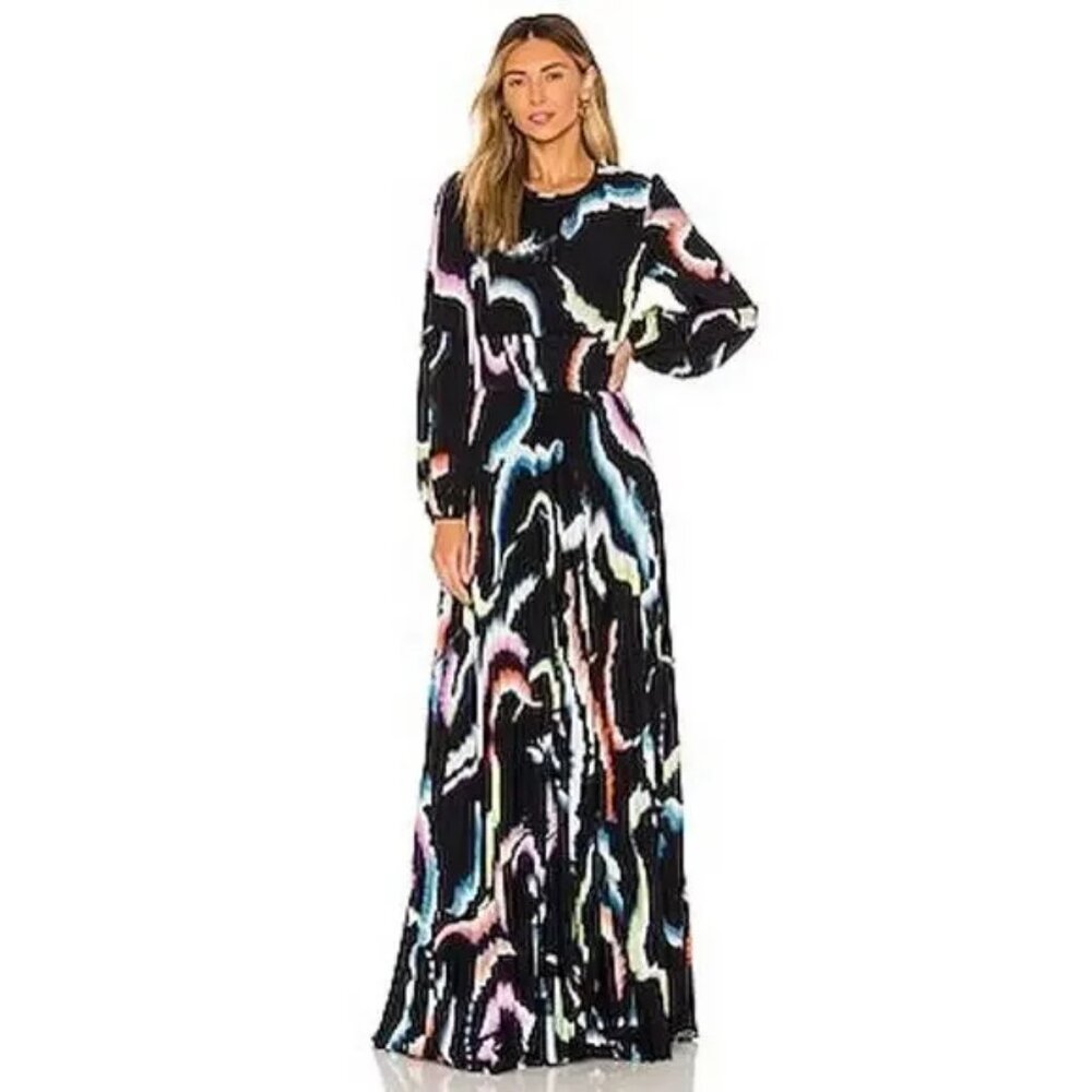 A.L.C. Leah Abstract Print Maxi Dress Size 0 Black Multicolor Long Sleeve $895 - Picture 2 of 16